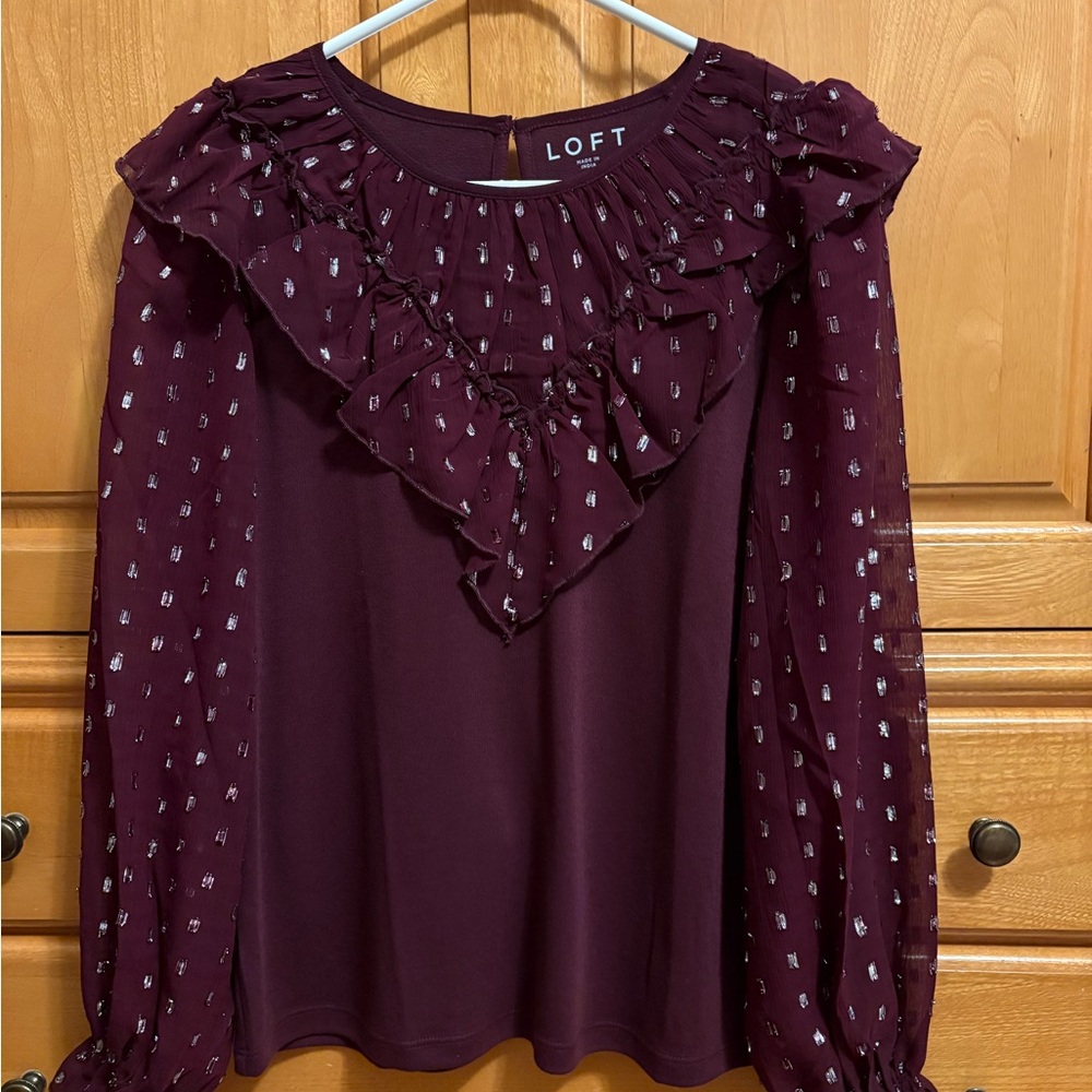 LOFT Burgundy Ruffle Blouse